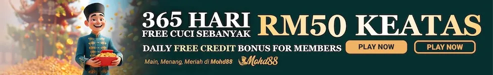 Mohd88 casino promotion banner — 365 Hari daily free credit RM50 and above