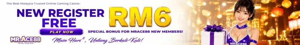 MRACE88 casino promotion banner — New Register Free RM6 for new members